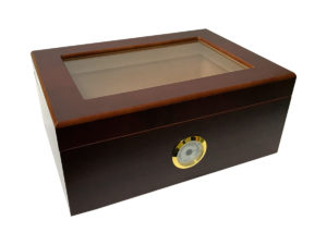 Caixa umidora de madeira com visor para 50 charutos