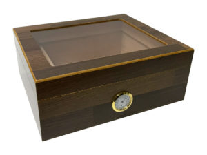 Caixa umidora de madeira com visor para 25 charutos